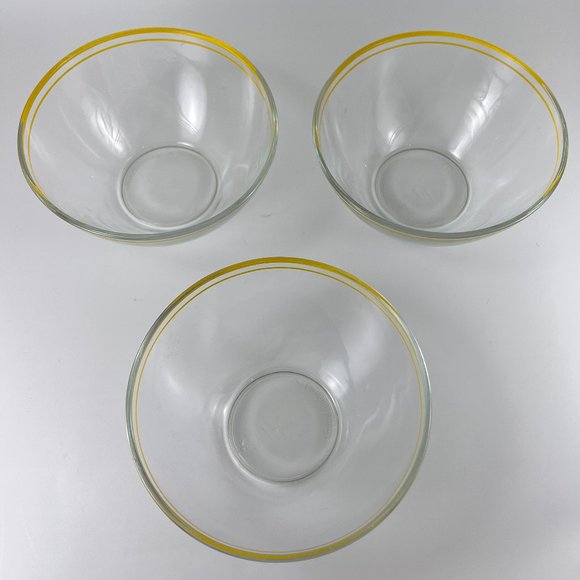 Vtg Arcoroc France Bowls Cereal Salad Soup Clear Glass Yellow Stripes Lot of 3 - Picture 4 of 11